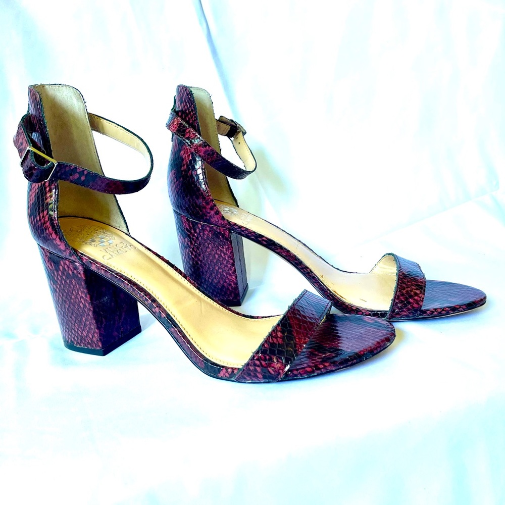 Burgundy Snake Skin Block Heel Sandals